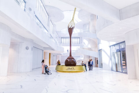 The highlight of the Lindt Home of Chocolate - the over 9 meter high chocolate fountain